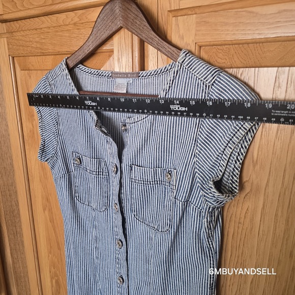 Isabella Bird Women's 4P Blue Railroad Striped Midi Sleeveless Button Down Dress - Picture 5 of 12